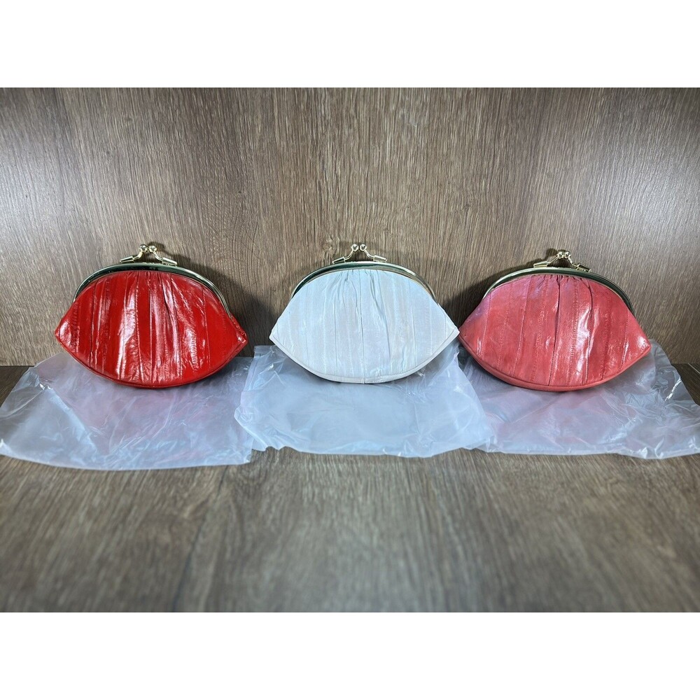 Lot of 3 Vintage Genuine Eel Skin Coin Purses 6x4.5" Snap Closure